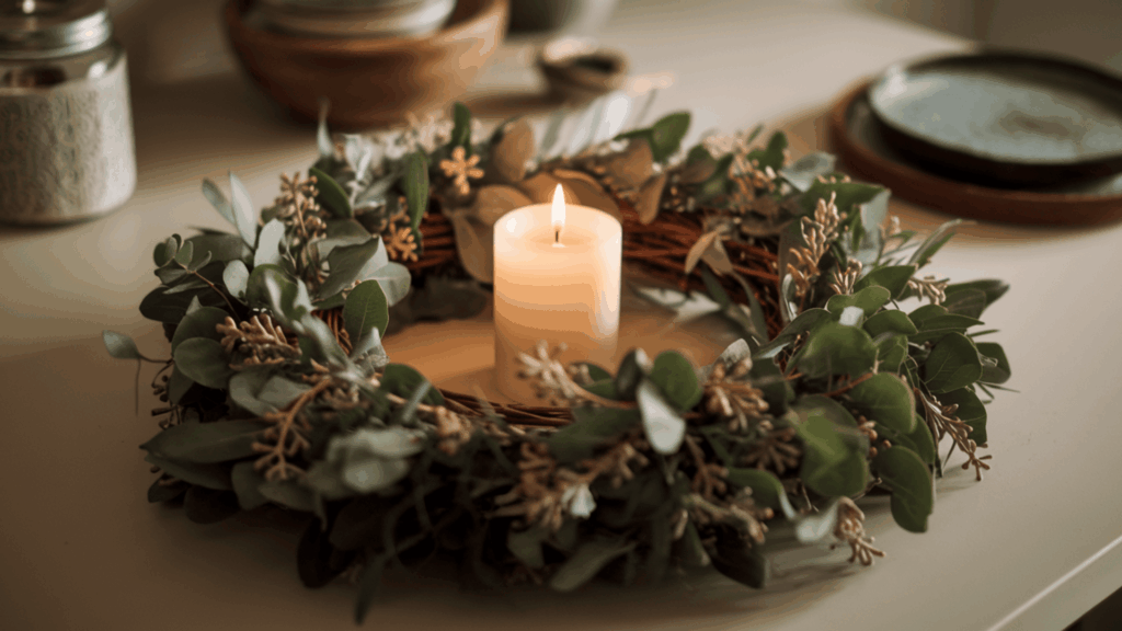 a round eucalyptus wreath laid flat on a kitchen table with a lit pillar candle placed in the center as a centerpiece