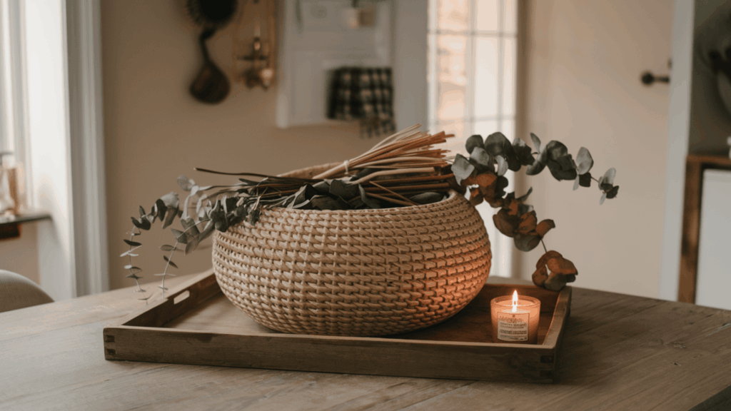 a round woven rattan basket with dried greenery tucked inside placed on a kitchen table tray alongside a small candle