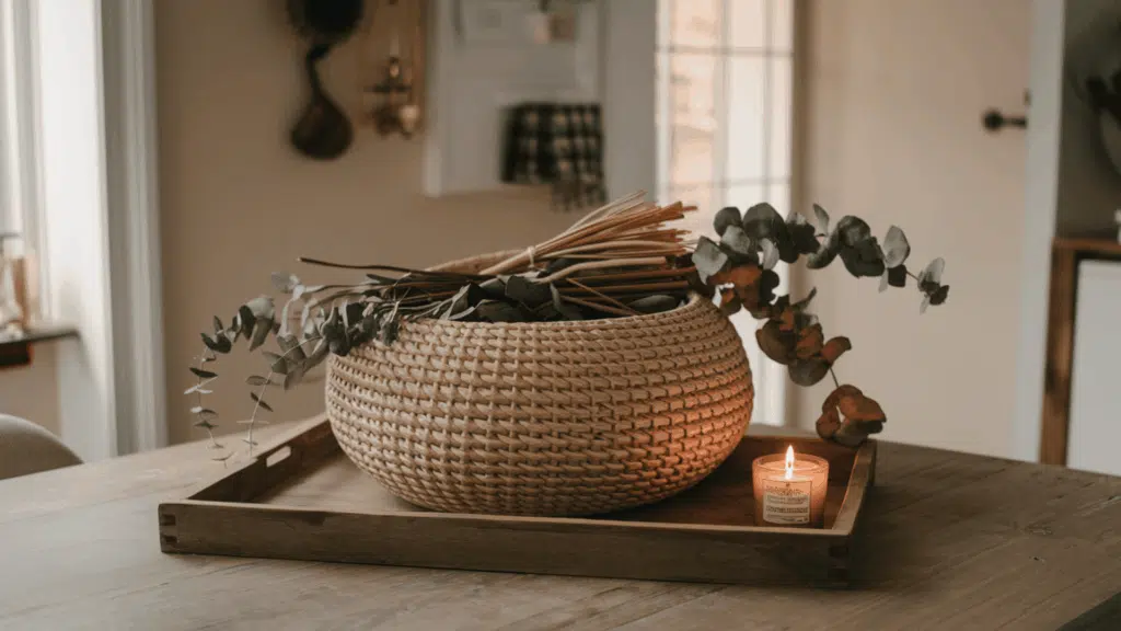 a round woven rattan basket with dried greenery tucked inside placed on a kitchen table tray alongside a small candle