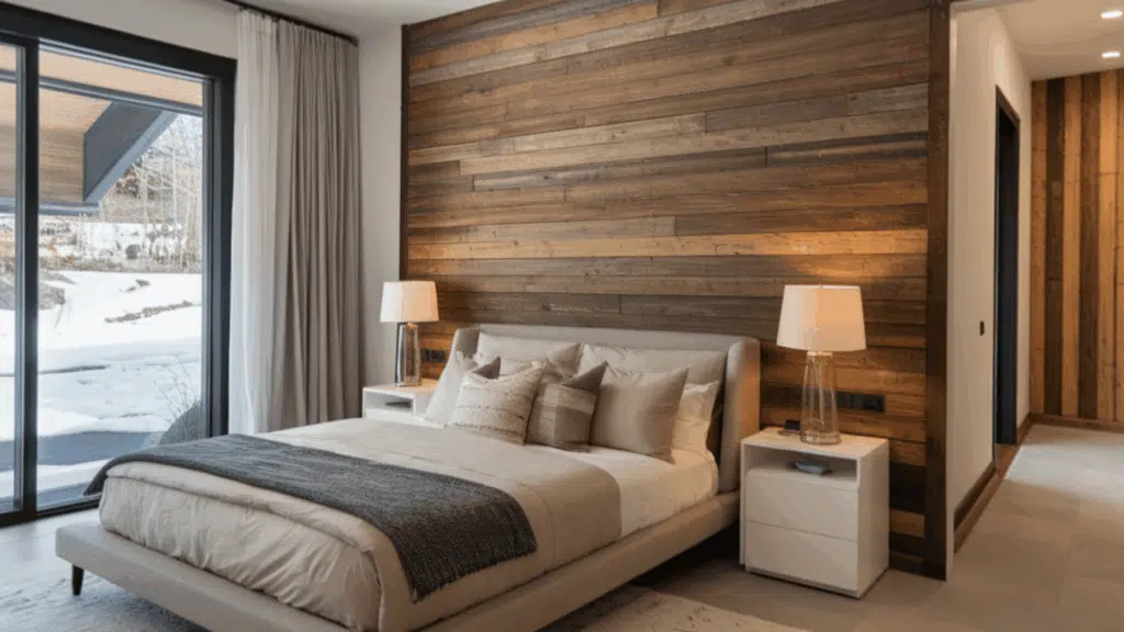 a rustic living room with a reclaimed wood accent wall, adding texture and warmth.