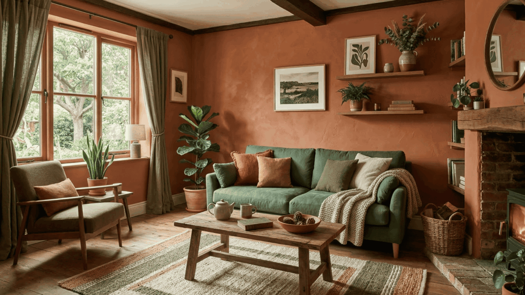 a rustic room with terracotta decor and muted green walls, earthy tones