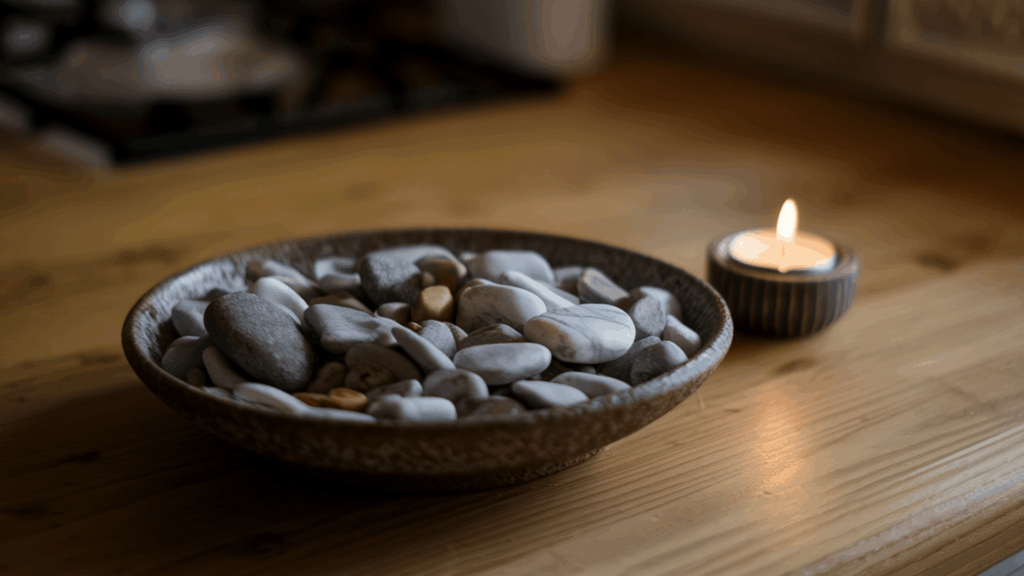 a shallow bowl filled with smooth river rocks and marble pebbles placed on a kitchen table beside a small candle holder