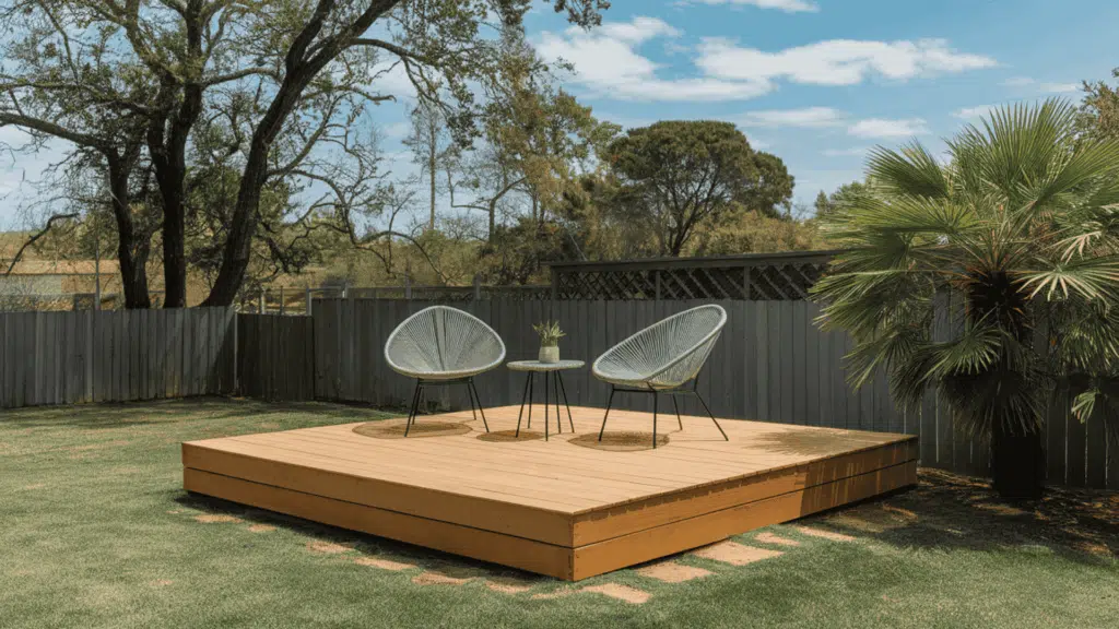 a simple low wooden deck platform in a backyard with two outdoor chairs and a small side table set up on a sunny afternoon