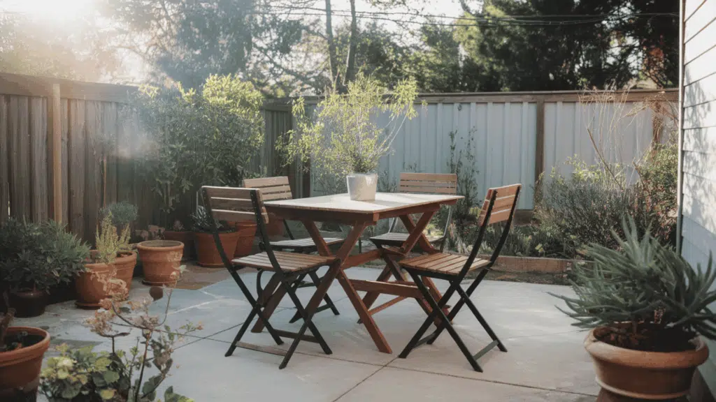 a simple outdoor dining table with four chairs set up on a backyard patio surrounded by potted green plants in natural daylight