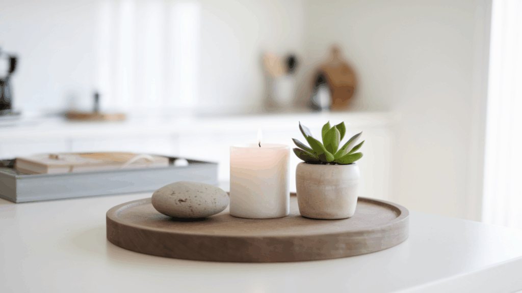 a simple wooden tray with a single white candle, a small potted plant, and a smooth stone as a minimal kitchen table display