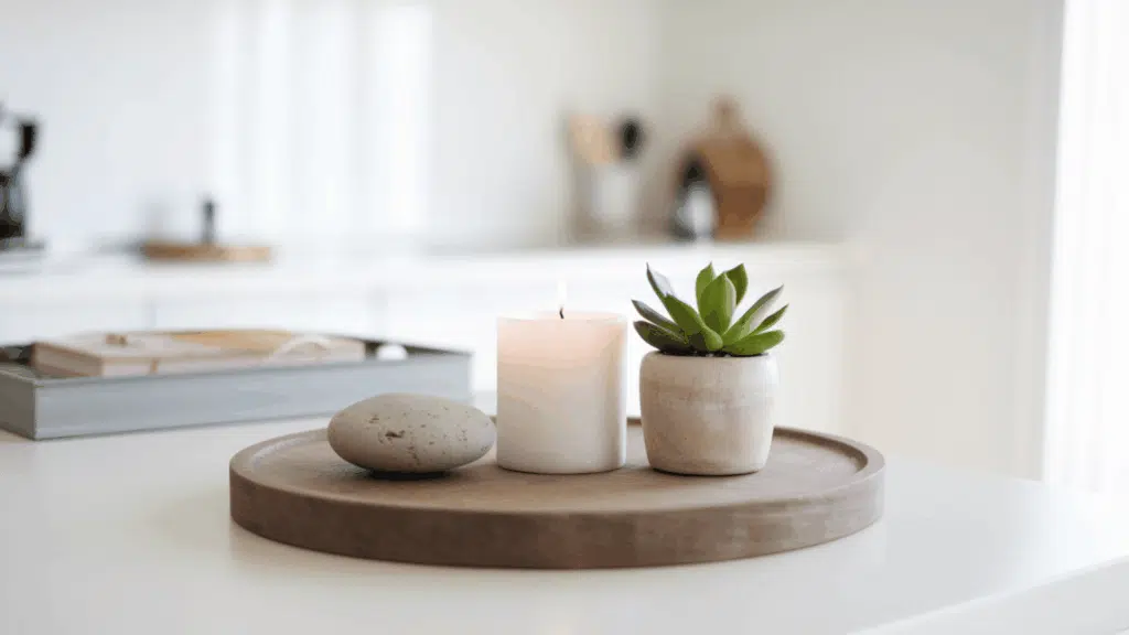 a simple wooden tray with a single white candle, a small potted plant, and a smooth stone as a minimal kitchen table display