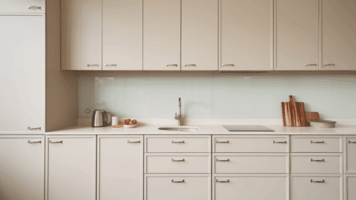 a sleek white coloured modern kitchen cabinet with matte finish