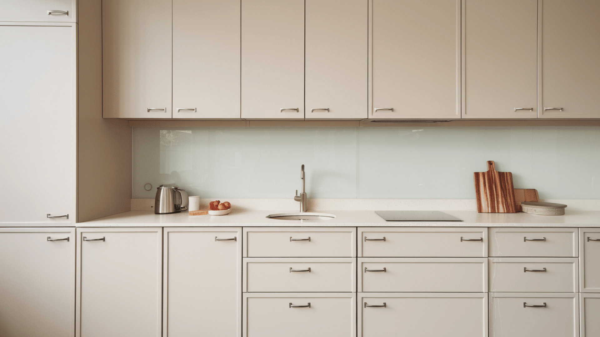 a sleek white coloured modern kitchen cabinet with matte finish