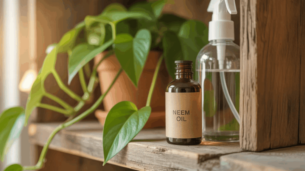 a small dark glass bottle of neem oil next to a spray bottle and a green leafy houseplant on a wooden shelf, warm natural lighting, rustic plant shelfie aesthetic