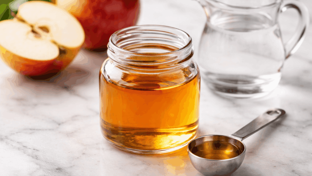 a small jar of apple cider vinegar with a measuring spoon and a small water pitcher placed beside it on a white marble countertop