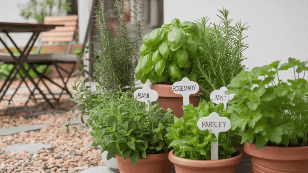 a small patio herb garden with pots of basil rosemary mint and parsley grouped neatly together near an outdoor seating area