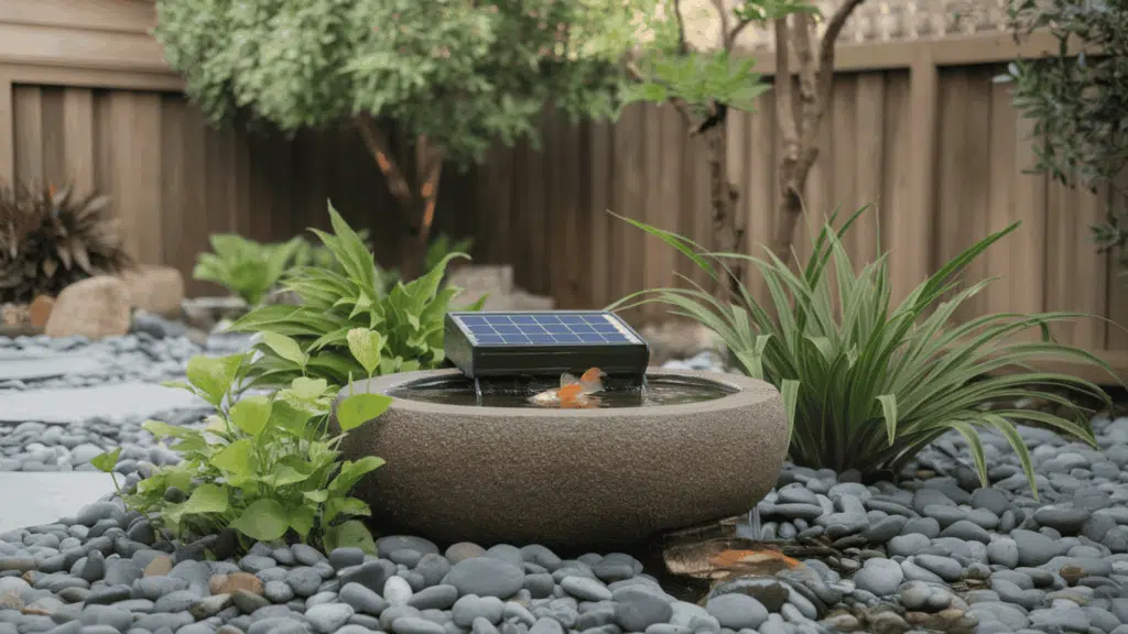 a small solar powered garden fountain surrounded by smooth pebbles and green plants in a calm and relaxing backyard outdoor setting