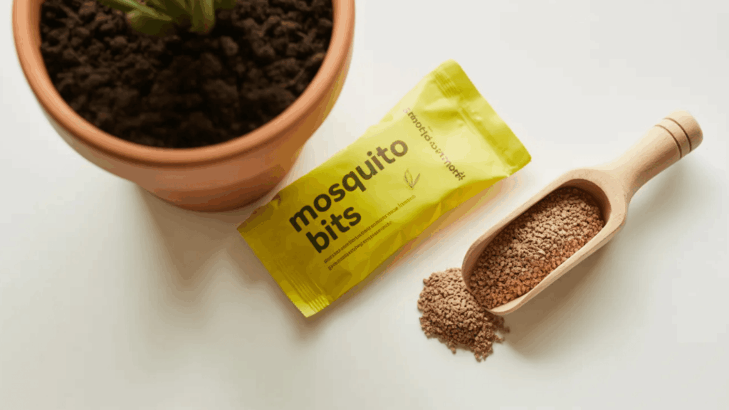 a small yellow bag of Mosquito Bits next to a terracotta pot filled with houseplant soil, a wooden scoop with granules nearby, bright natural light