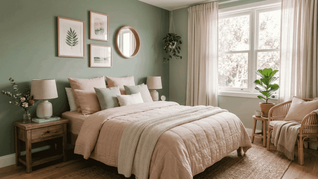a soft-toned bedroom with blush pink bedding and sage green walls, natural light