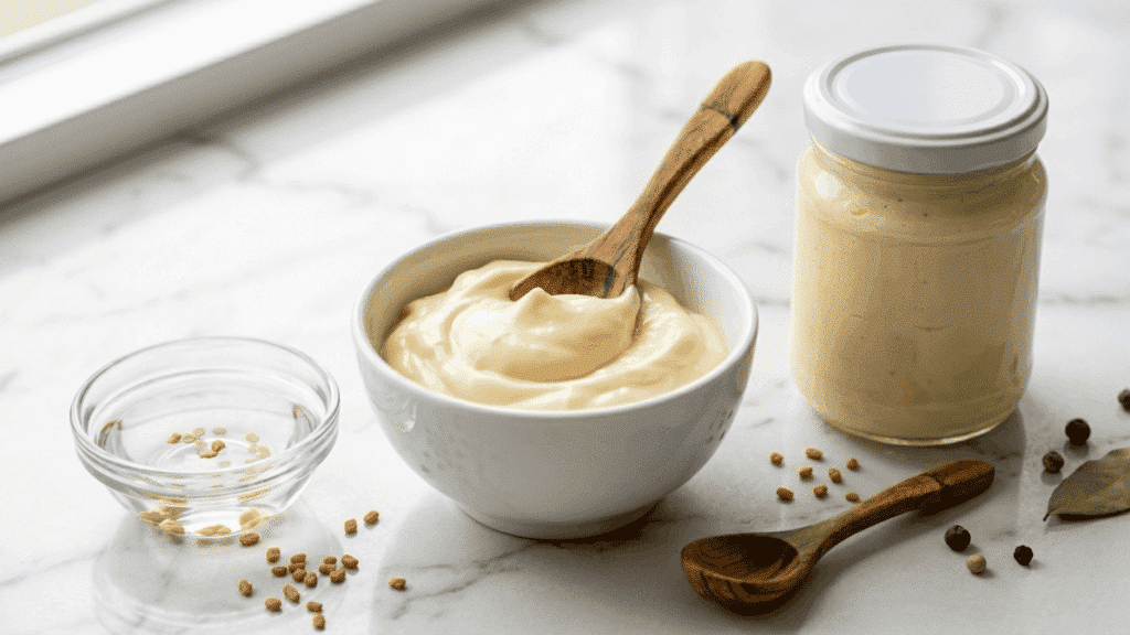 a spoonful of mayonnaise in a small white ceramic bowl with a sealed mayonnaise jar placed beside it on a marble countertop