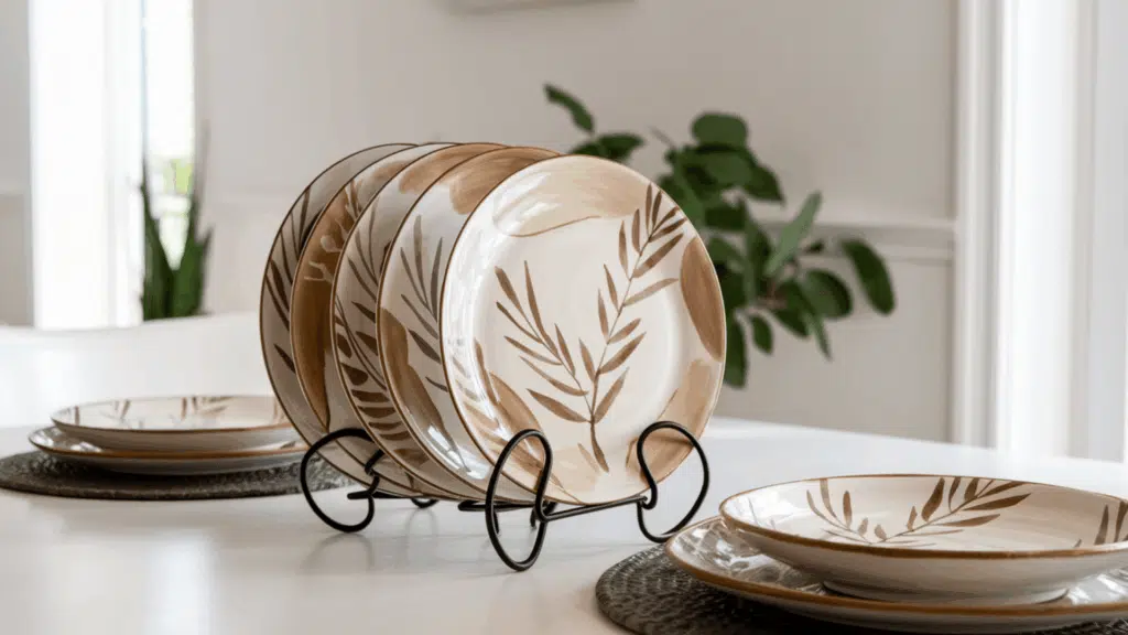 a stack of decorative hand-painted plates with earthy patterns displayed on a plate stand as a kitchen table centerpiece