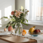 a styled kitchen table with fresh flowers, a linen runner, candles and a fruit bowl bathed in soft natural window light