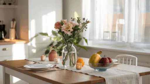 a styled kitchen table with fresh flowers, a linen runner, candles and a fruit bowl bathed in soft natural window light