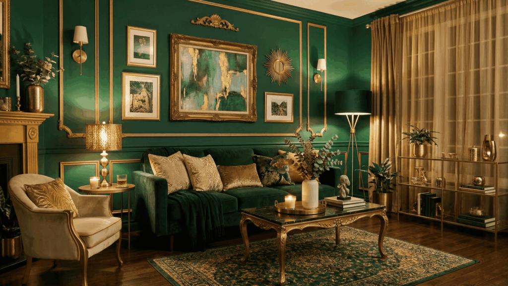 a stylish room with green walls and gold decor accents, soft lighting