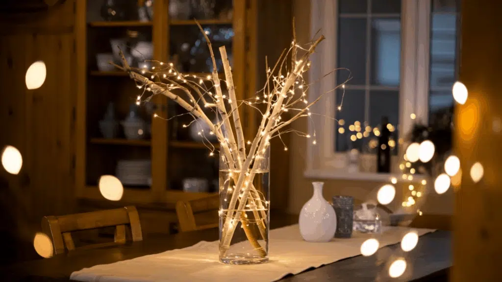 a tall glass vase with bare birch branches and soft fairy lights glowing warmly as a centerpiece on a kitchen table