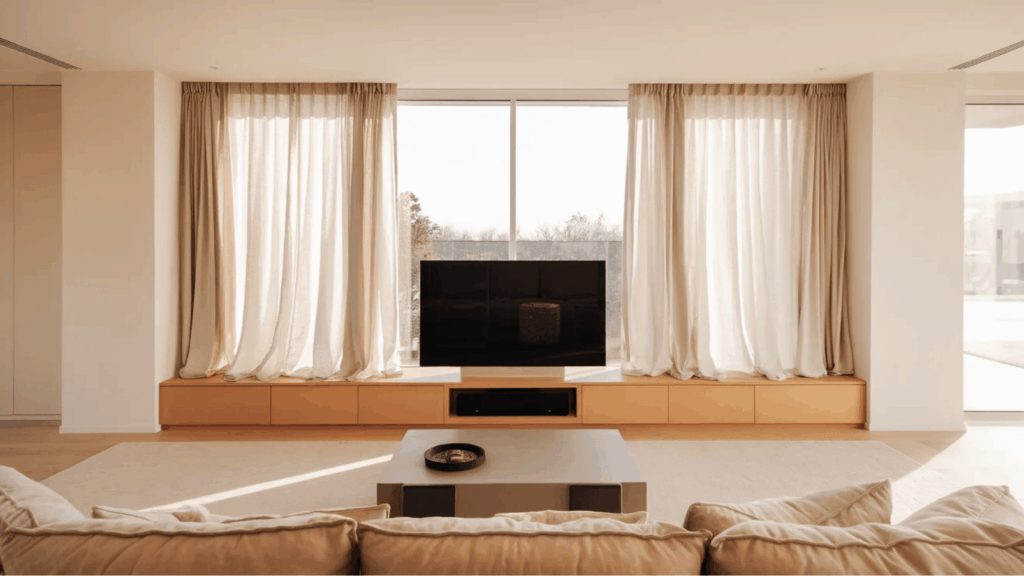 a television sits on a wide window ledge in a bright living room, flanked by neutral curtains and potted plants
