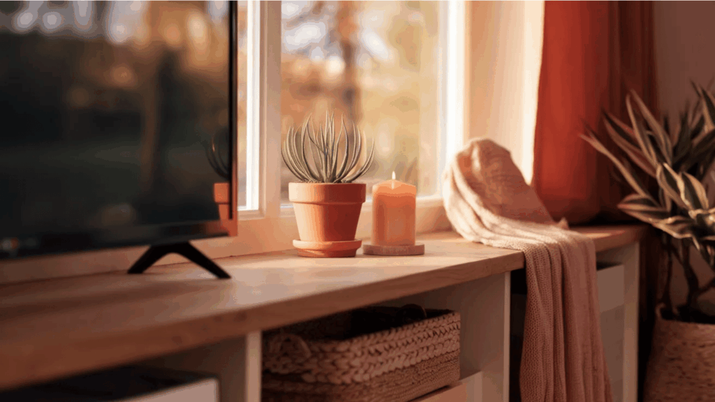 a television sits on a wide wooden console in a bright living room, flanked by curtains, potted leafy green plant, and a candle