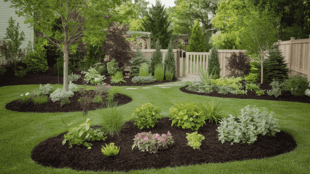 a tidy backyard garden with freshly laid dark mulch around planting beds and tree bases in a well-kept outdoor garden space