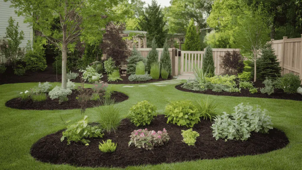 a tidy backyard garden with freshly laid dark mulch around planting beds and tree bases in a well-kept outdoor garden space