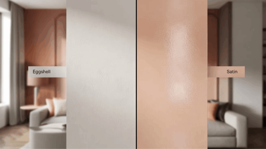 a wall painted with eggshell and satin paint finish showing the key difference in appearance and maintenance