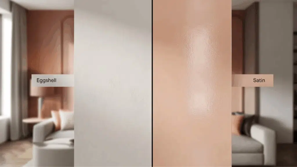a wall painted with eggshell and satin paint finish showing the key difference in appearance and maintenance