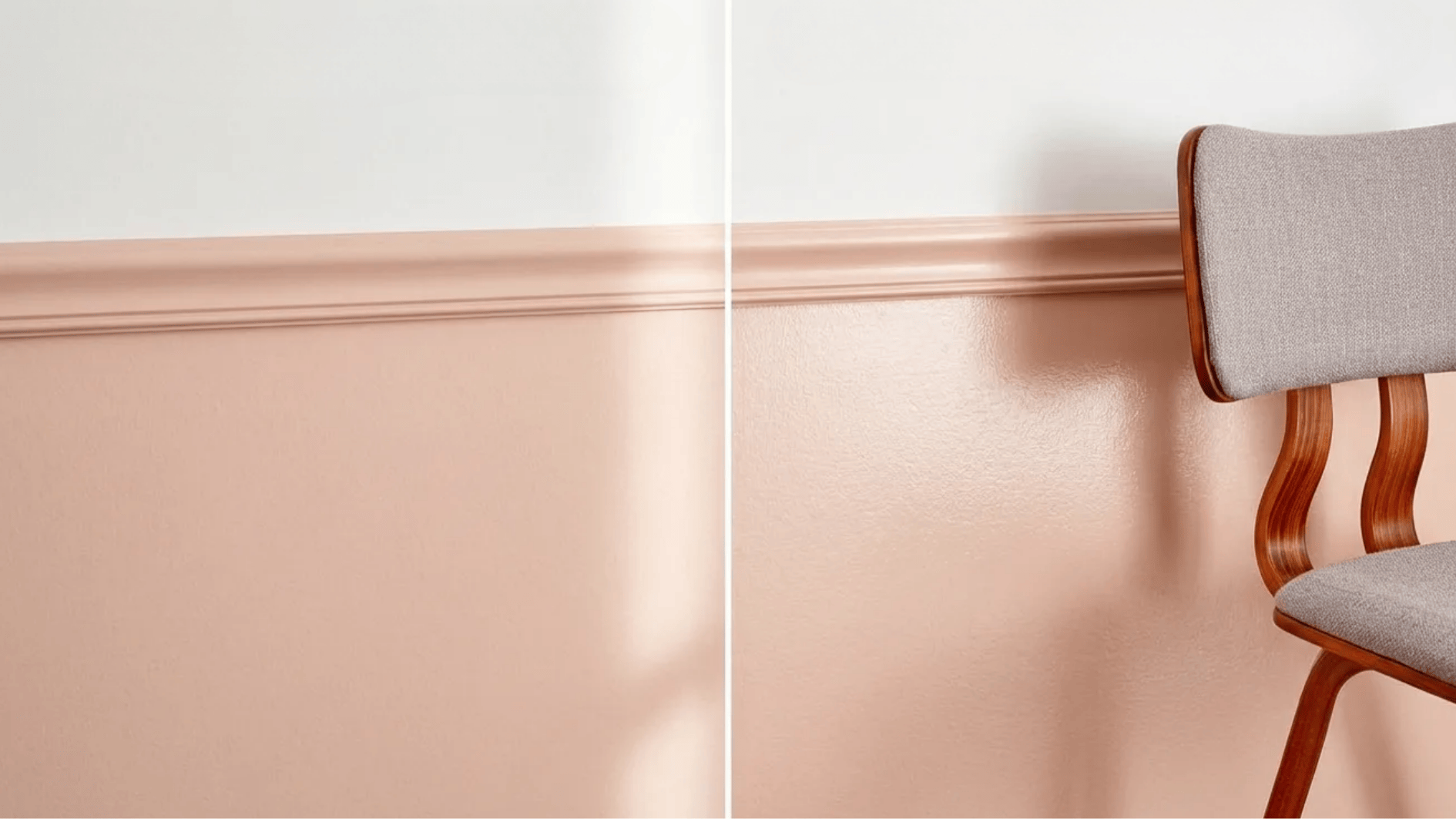 a wall with eggshell color finish on the left and satin finish on the right, with a modern wooden chair placed at the right side of the wall
