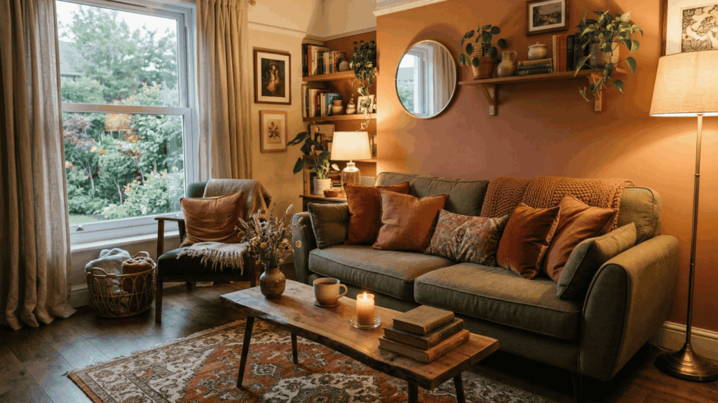 a warm-toned room with rust cushions and olive green sofa, cozy setup