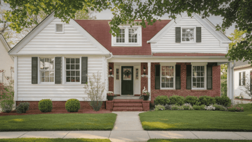 a well maintained suburban home exterior with clean white vinyl siding panels installed across the outer walls in natural daylight