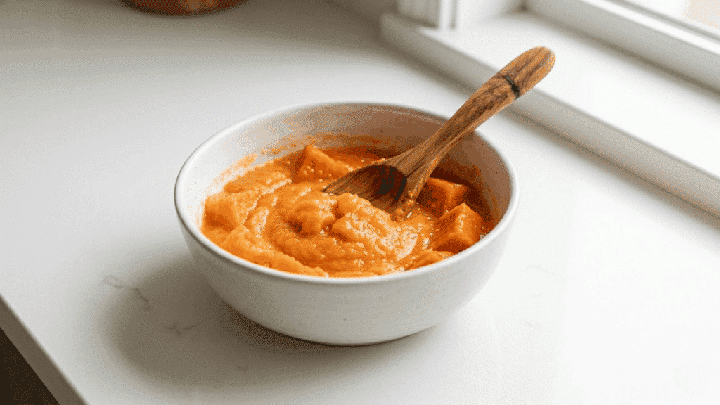 a white bowl filled with mashed papaya paste and a wooden spoon resting inside placed on a white kitchen countertop near a window