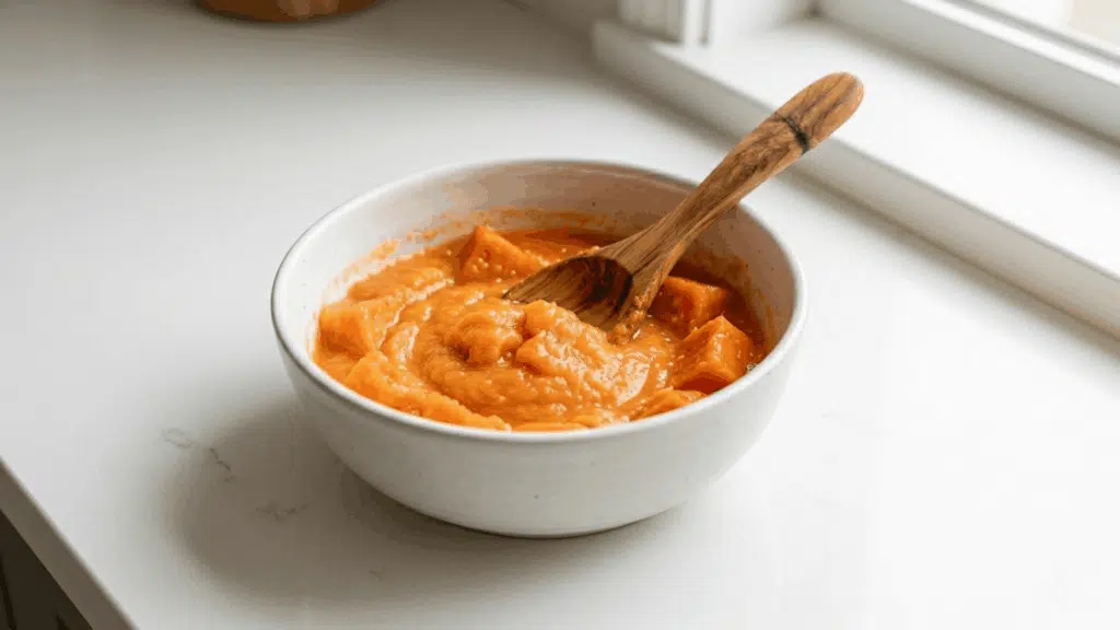 a white bowl filled with mashed papaya paste and a wooden spoon resting inside placed on a white kitchen countertop near a window