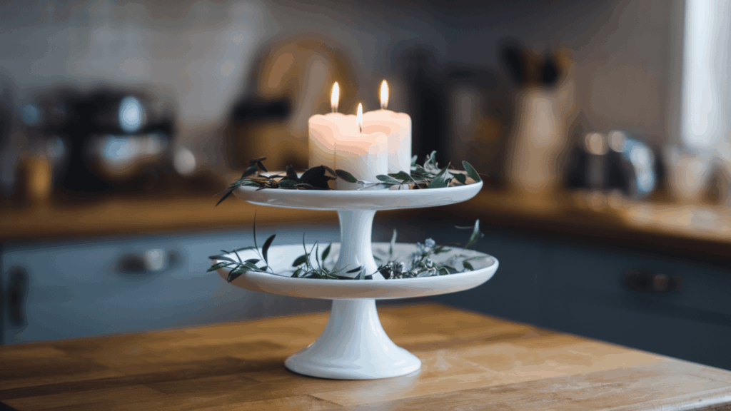 a white tiered cake stand on a kitchen table with candles on the top tier and small greenery on the lower tier in natural light