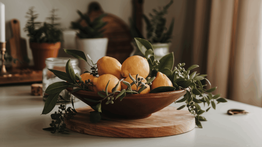 a wide ceramic bowl filled with fresh lemons and sprigs of greenery arranged as seasonal fruit decor on a kitchen table