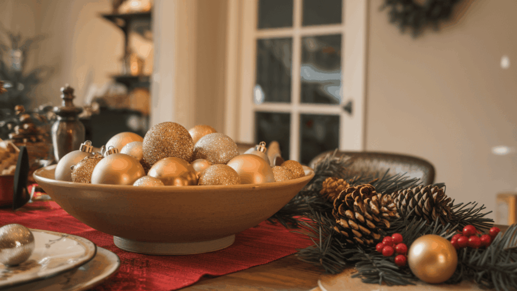 a wide ceramic bowl filled with gold and silver baubles placed as a festive seasonal ornament display on a kitchen table