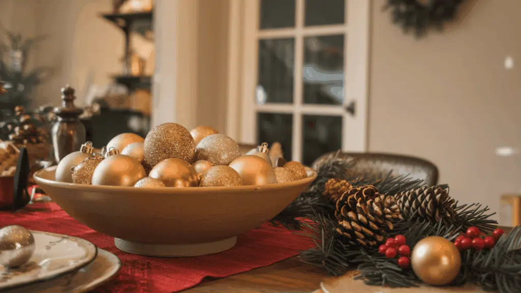 a wide ceramic bowl filled with gold and silver baubles placed as a festive seasonal ornament display on a kitchen table