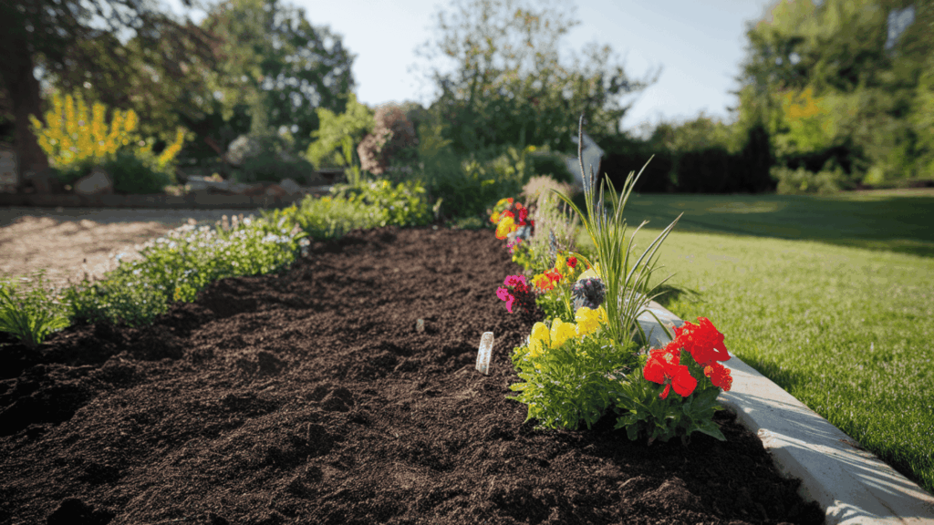 a wide outdoor flower bed being prepared with dark garden soil and colorful flowering plants arranged along a landscaped yard border