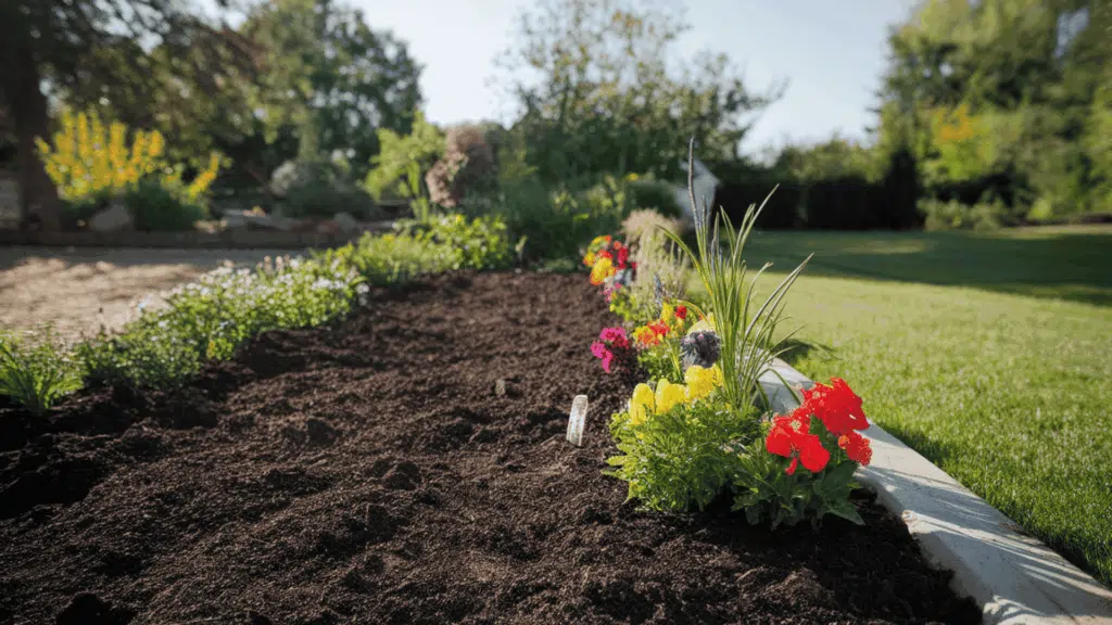 a wide outdoor flower bed being prepared with dark garden soil and colorful flowering plants arranged along a landscaped yard border