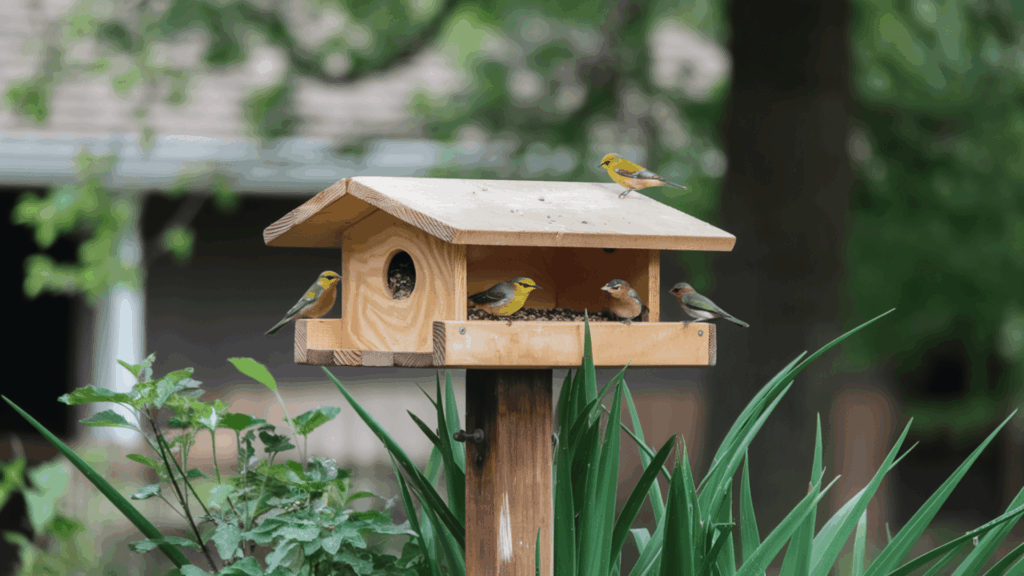 a wooden backyard bird feeder on a post surrounded by green plants with small colorful birds perched and feeding in natural daylight
