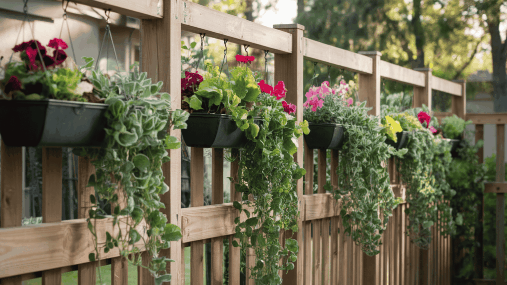 a wooden backyard fence with multiple hanging planters filled with trailing green plants and colorful flowers in warm natural light