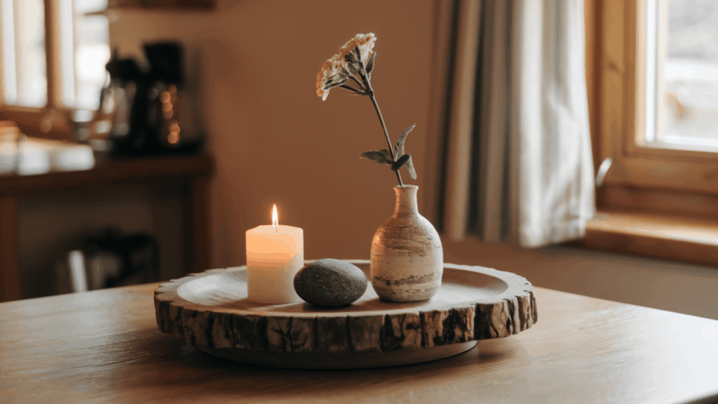 a wooden decorative tray on a kitchen table holding a candle, a small vase, and a stone in a neat organized display