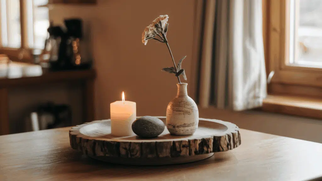 a wooden decorative tray on a kitchen table holding a candle, a small vase, and a stone in a neat organized display