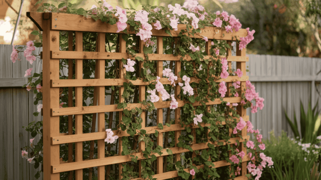 a wooden garden trellis covered with climbing flowering vines and green leaves positioned against a backyard fence in sunny daylight