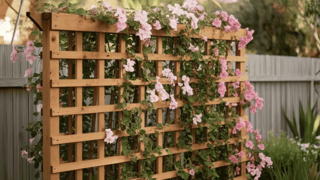 a wooden garden trellis covered with climbing flowering vines and green leaves positioned against a backyard fence in sunny daylight