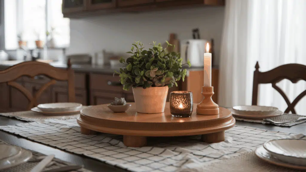 a wooden lazy susan on a kitchen table styled with a small plant, a candle, and a decorative object in a functional display