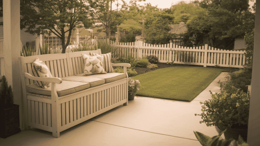 a wooden outdoor storage bench with cushions on top on a clean backyard patio with a tidy green garden visible in the background