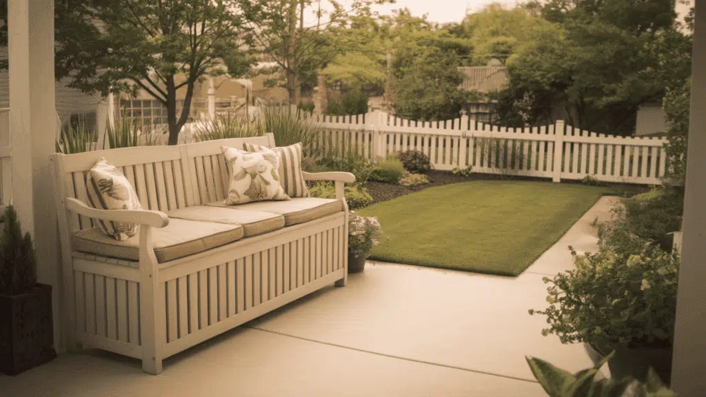a wooden outdoor storage bench with cushions on top on a clean backyard patio with a tidy green garden visible in the background